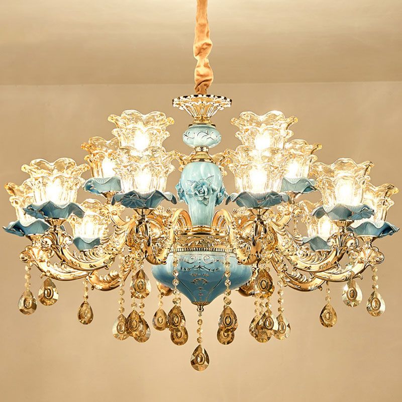 Floral Blown Clear Glass Chandelier Lamp Minimalist Gold Suspension Pendant Light for Living Room