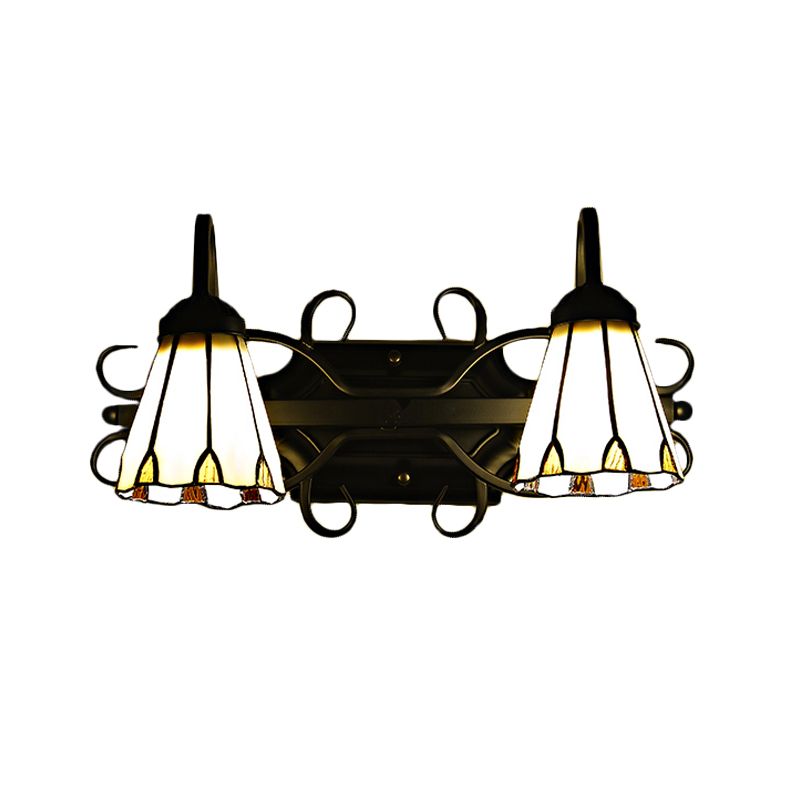 Vintage Retro Cone Sconce Light with Gooseneck Stained Glass 2 Heads Wall Light in Beige for Bedroom