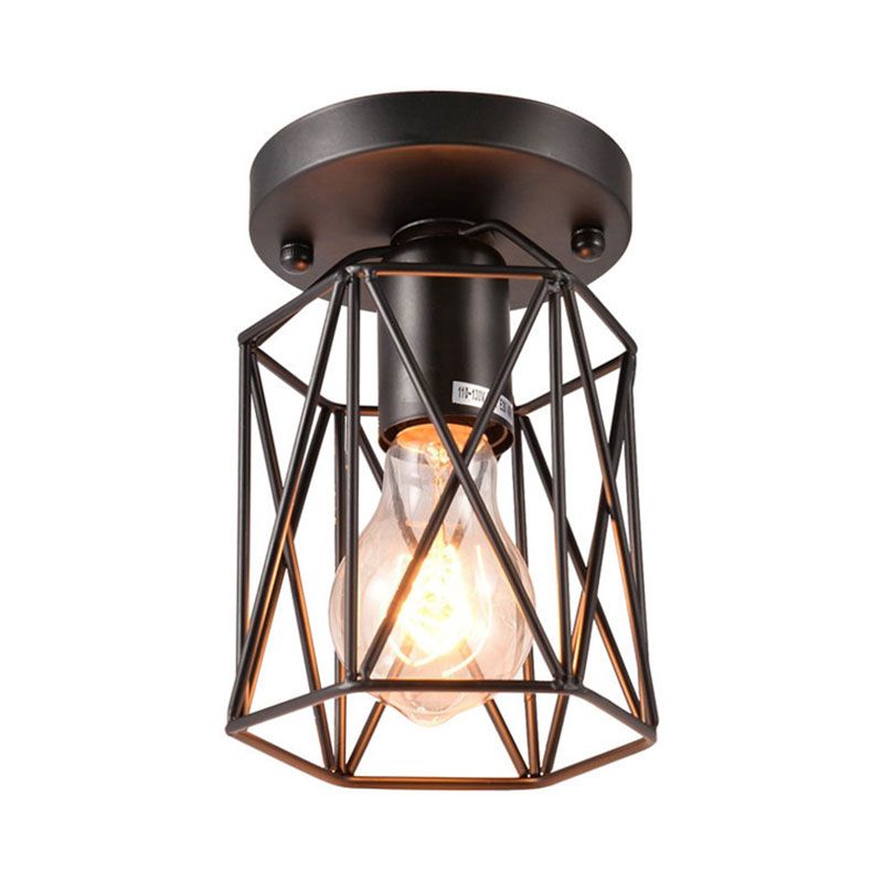 1 Head Wire Cage Semi Flush Light Vintage Style Black Metallic Ceiling Mounted Fixture for Kitchen