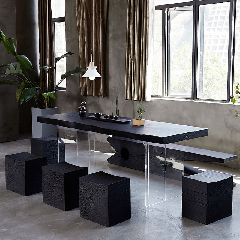 Black Modern Double Pedestal Table Rectangle Pine Solid Wood Top Dining table