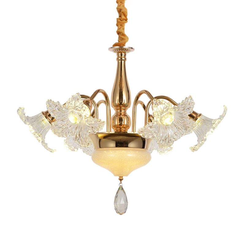 Gold 7/10 Bulbs Ceiling Light Modern Clear Crystal Floral Shade Scrolls Hanging Chandelier
