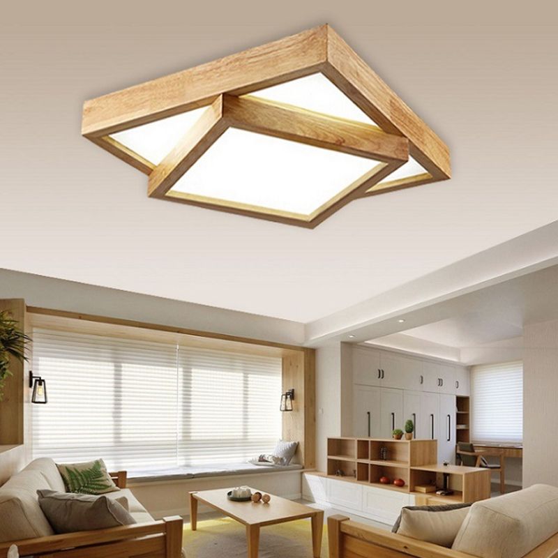 19"/25"/31.5" Wide Modern Square Wood Flush Mount Light LED Ceiling Light Fixture for Bedroom in Warm/White Light