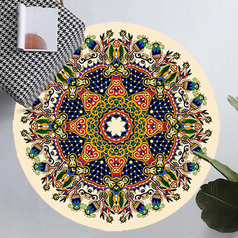 Mid-Century Round Rug Moroccan Medallion Printed Carpet Non-Slip Backing Carpet for Living Room