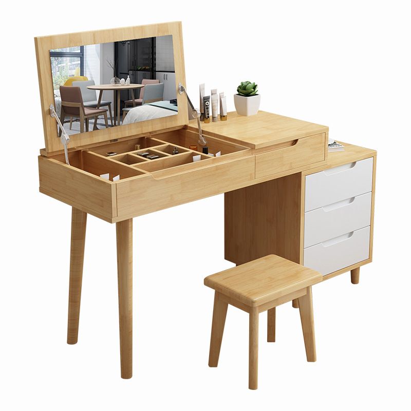 Scandinavian Wood Vanity Set Flip-Top Makeup Dressing Table with 4 Drawers