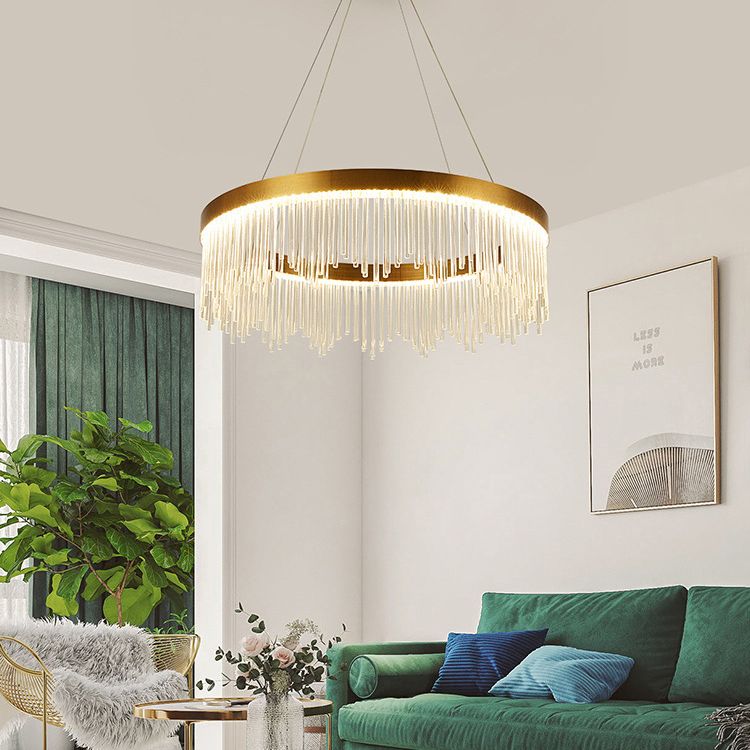 Modern Round Chandelier Glass Crystal Pendant Ceiling Lights with Adjustable Hanging Cord for Living Room