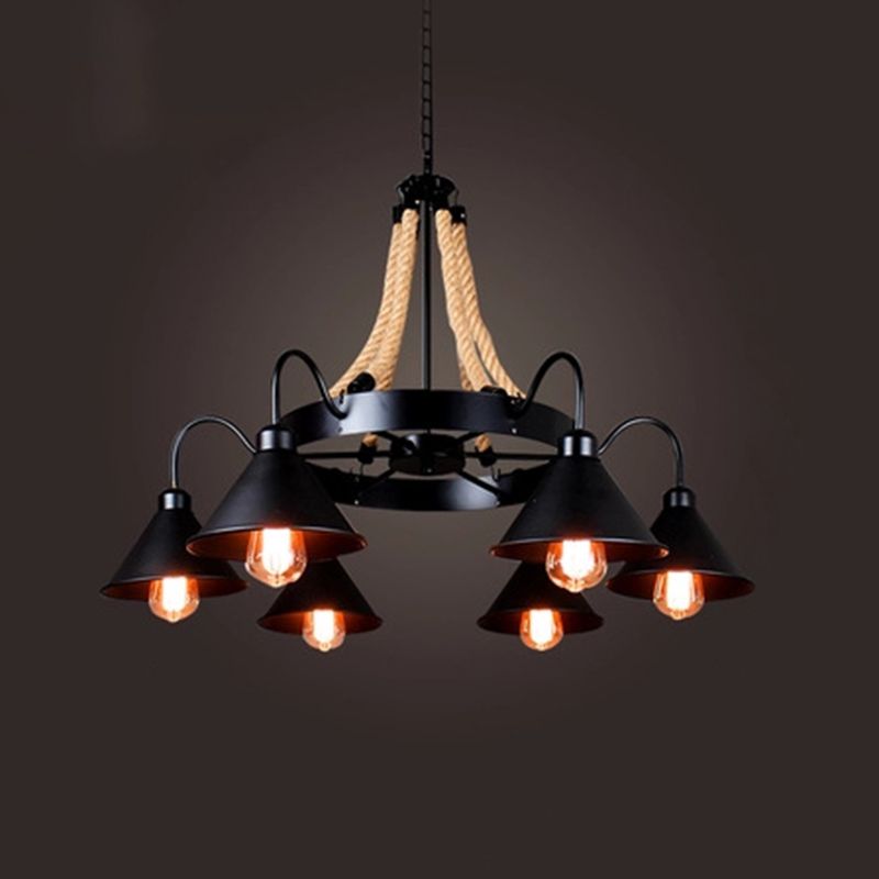 Industrial Art Hanging Chandelier Light with Rope and Cone Metal Shade in Black
