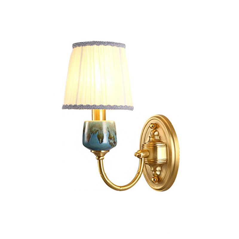 Brass 1/2-Light Wall Hanging Light Classic Metal Swooping Arm Wall Lamp with Cone Fabric Shade