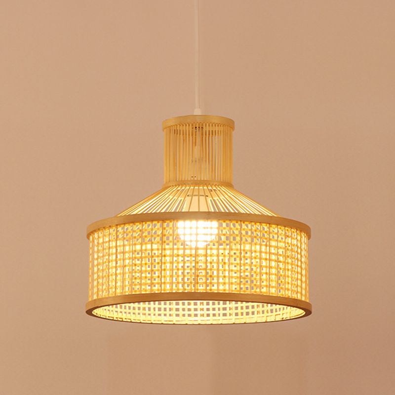 Coste de caída de bambú redonda moderna 1 Luz de techo colgante de luz en beige para el comedor