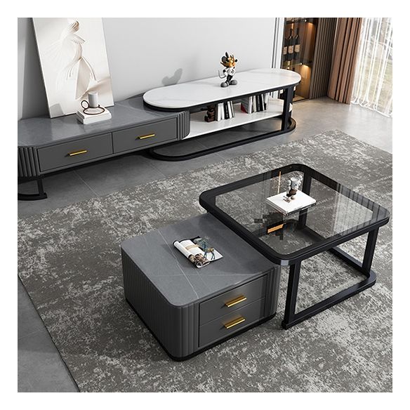 Modern Square Stone Coffee Table with Drawers 2 Nesting Cocktail Table Set