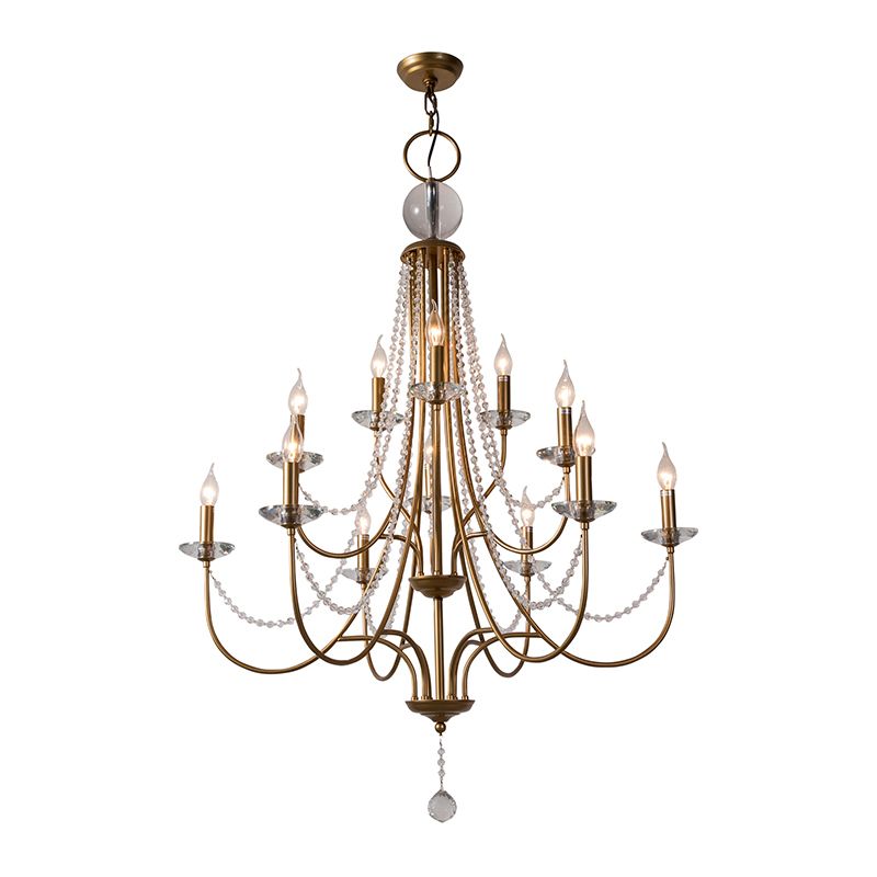Country Style Candlestick Chandelier Metallic Hanging Light Kit with Crystal Strand