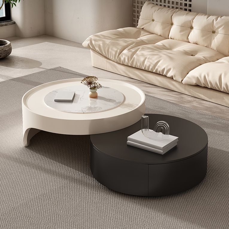 Modern 2 Nesting Coffee Table Set Round Slate Cocktail Table with 2 Drawers
