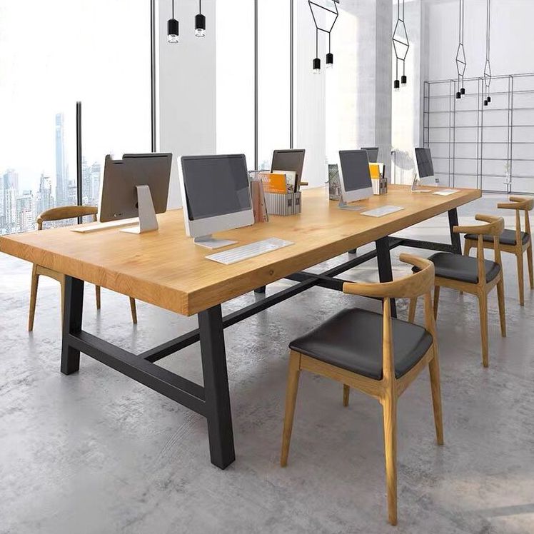 Rectangle Wood Color Dining Table Solid Wood Table Industrial with Trestle Base