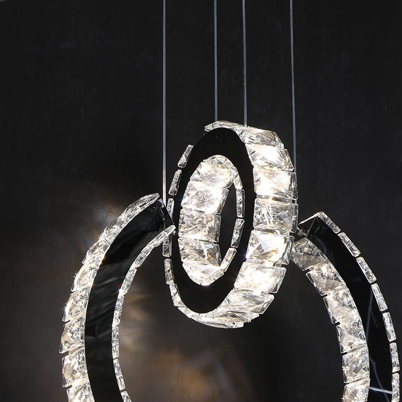 Minimalist Ring Crystal Chandelier Lighting Fixture LED Hanging Ceiling Light in Black