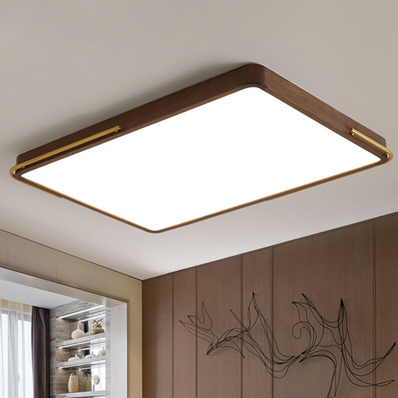Plafonnier LED contemporain marron carré/rectangle avec abat-jour en bois, 13"/19"/27" de long