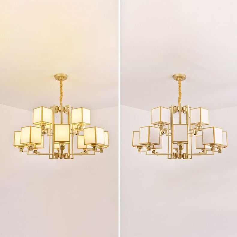 Brass Square Suspension Light Traditional Fabric Lobby Chandelier Light Fixture