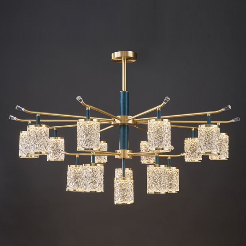 Diner Chandelier Modern Brass Pendant Light with Cylindrical Rippled Glass Shade