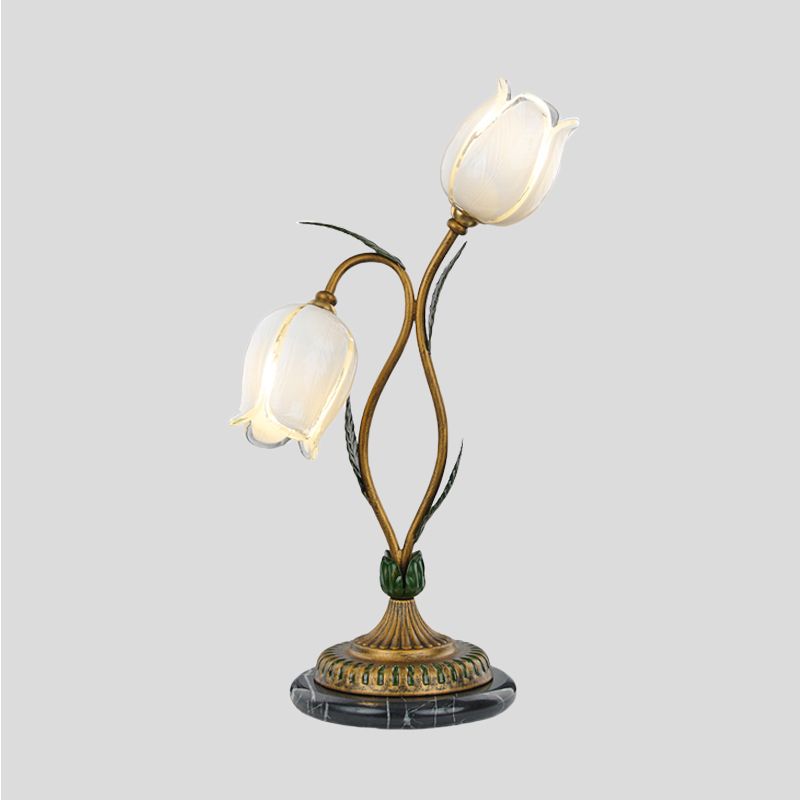 Brass Tulip Nightstand Lighting Romantic Pastoral White/Yellow Glass 2 Bulbs Bedroom Night Table Lamp