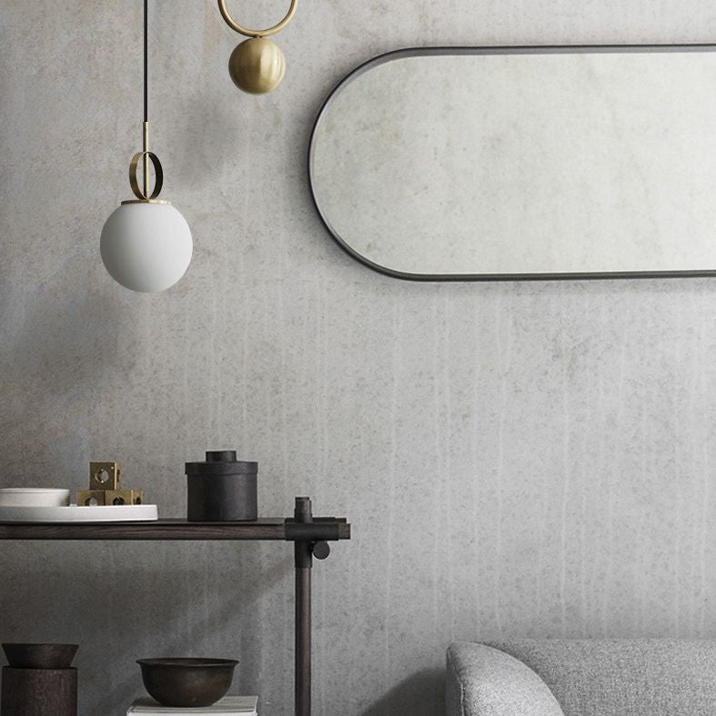 Postmodern Globe Pendant Lamp White Glass 1 Head Dining Room Hanging Light in Brass