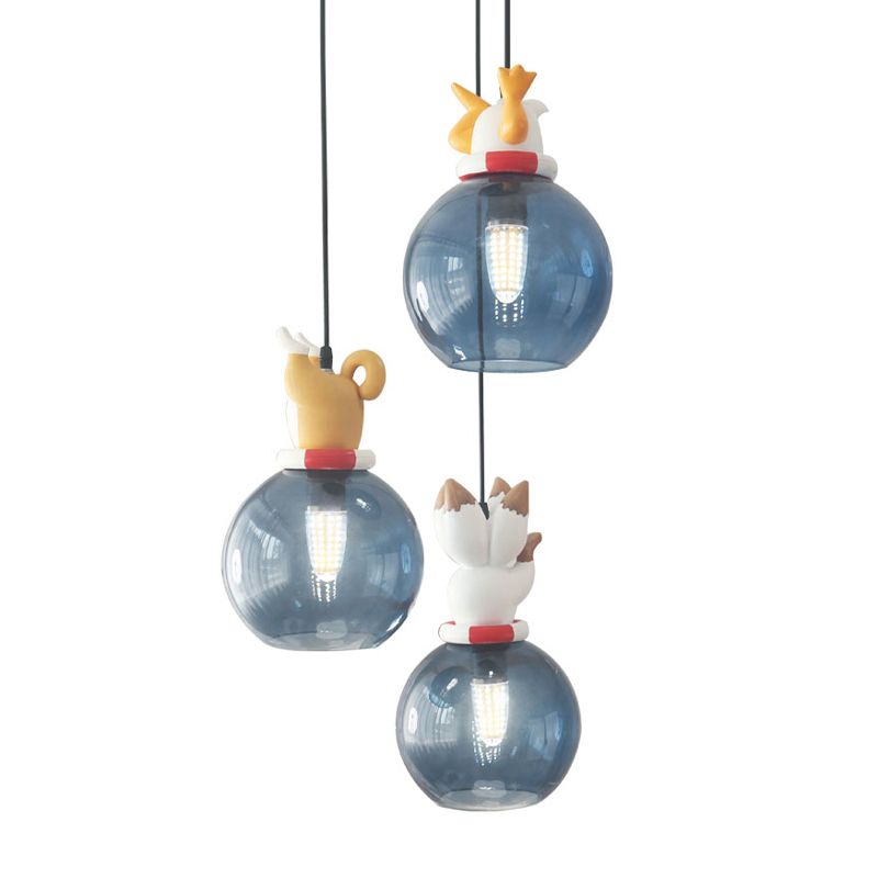 Cartoon Animals Resin Multi Pendant Light Kids 3 Heads Blue Hanging Ceiling Light for Bedroom