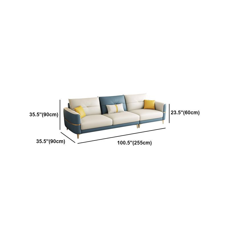 Glam Faux Leather Sofa Blue and Beige Square Arm Sofa with Pillows