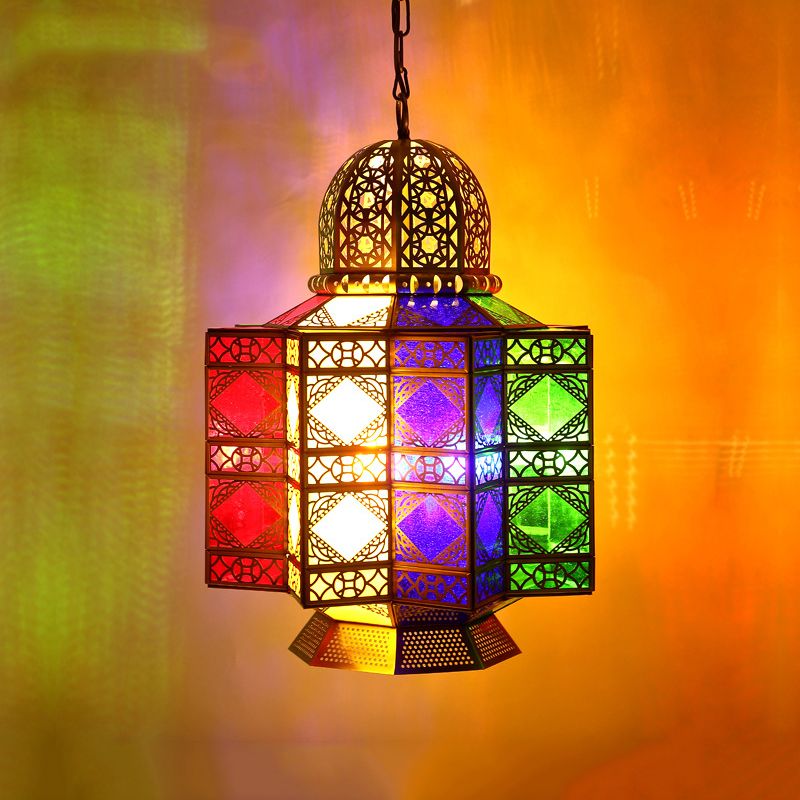 4-Head Metal Pendant Lighting Arab Lantern Stained Glass Chandelier Light Fixture in Brass