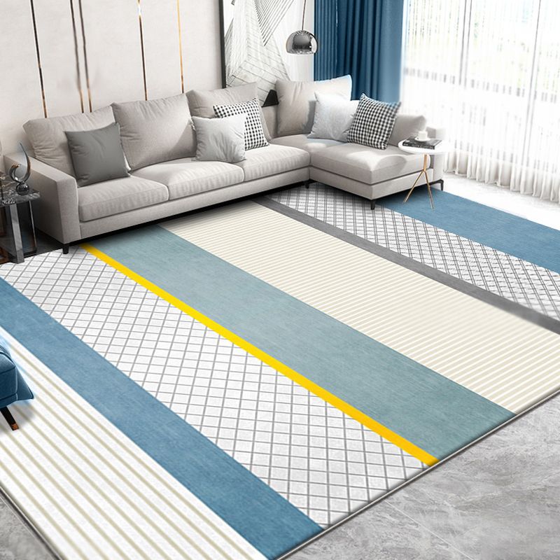 Creative Blue Novelty Rug Polyester Checked and Striped Pattern Carpet Washable Non-Slip Backing Pet Friendly Rug for Parlor