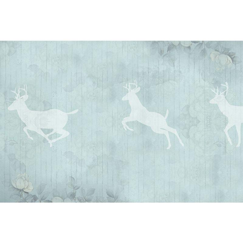 Minimalist Deer Silhouette Murals Wallpaper Grey-Blue Floral Print Wall Covering