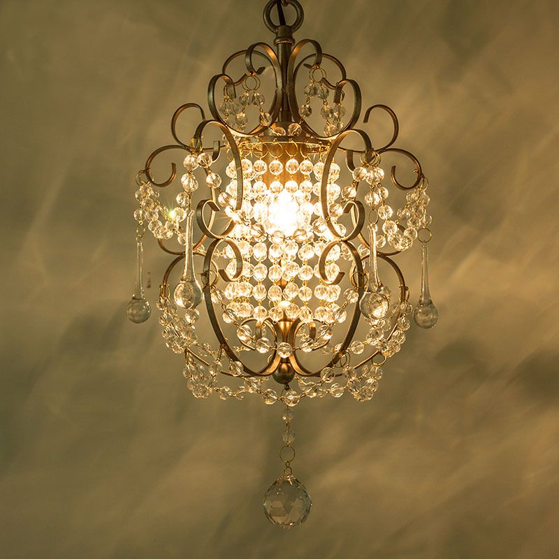 1 Light Scrolled Frame Pendant Light Kit Traditional Metal Suspension Lamp with Crystal Droplet