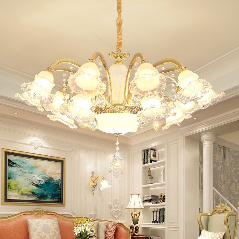 Gold Floral Shade Ceiling Lighting Traditional Ruffle Glass Living Room Chandelier Light with Crystal Draping