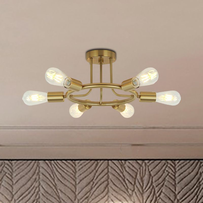 Bare Bulb Semi Flush Ceiling Light Mid Century Metallic 6 Heads Semi Mount Light in Brass/Black Finish