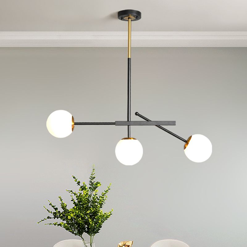 Black-Gold Branching Suspension Pendant Modern 3 Lights Opal Ball Glass Chandelier Lighting