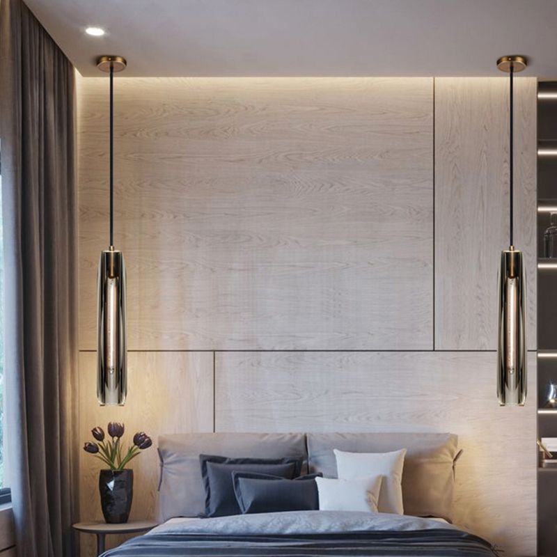 Modern Artistic Indoor Pendant Light Copper Cylindrical Hanging Lamp with Crystal Shade