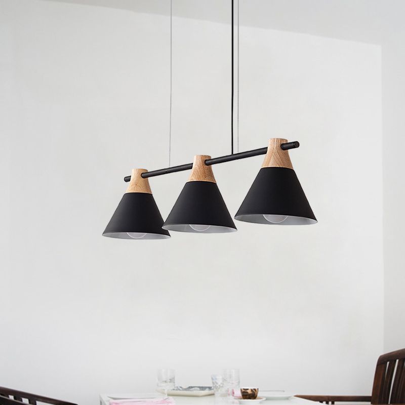 Macaron Cone Iron Hanging Light 3 Heads Island Pendant in Black/White/Blue and Wood over Dining Table
