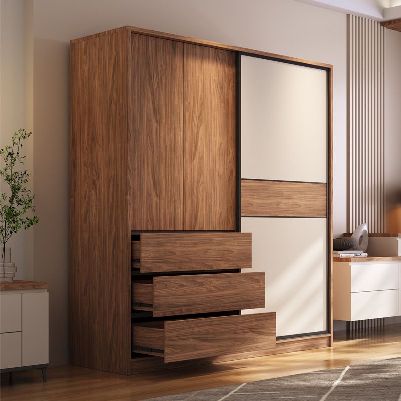 Modern Freestanding Wardrobe Brown Wood Wardrobe Armoire with Drawers