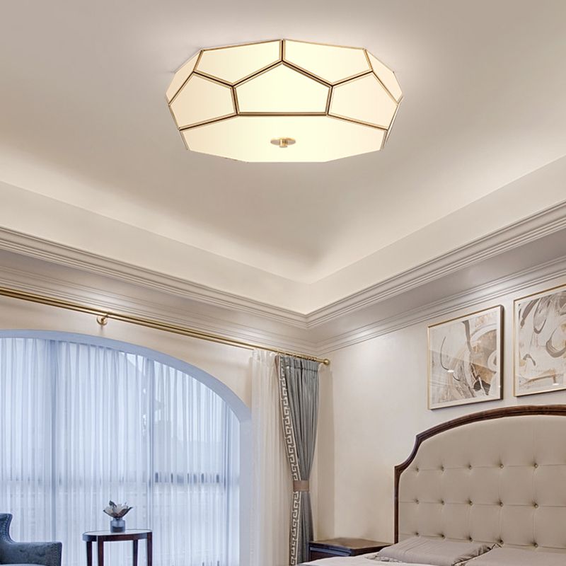 Polygon White Glass Flush Light Fixture Minimalist Bedroom Ceiling Light in Brass