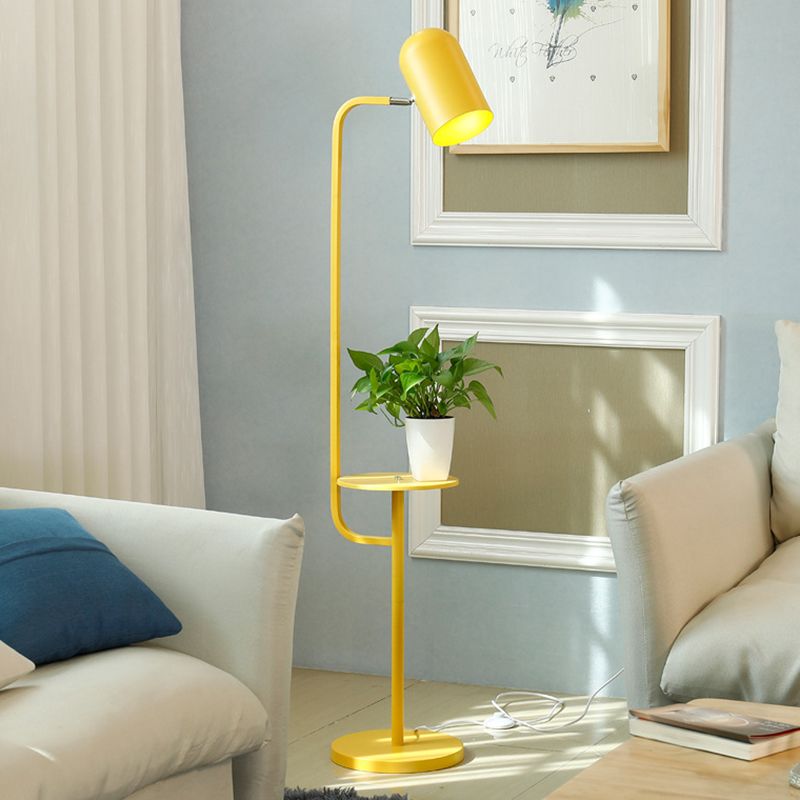 1 Bulb Metal Floor Light Warehouse Pink/Yellow/Green Bell Shaped Living Room Floor Reading Lamp with Wood Shelf Deco