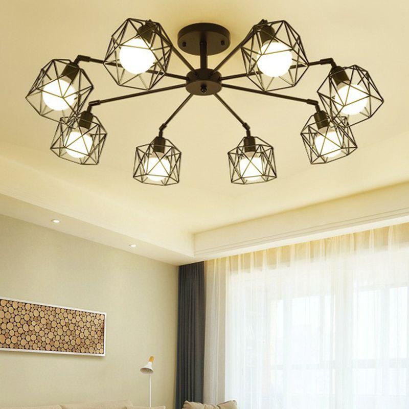 Plafonnier encastré industriel pour salon avec cage hexagonale en fer noir