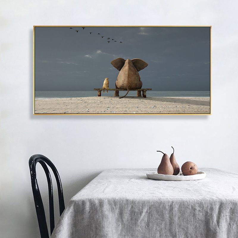 Peinture contemporaine de chambre à coucher de couleur douce d’éléphant et de chien, tailles multiples