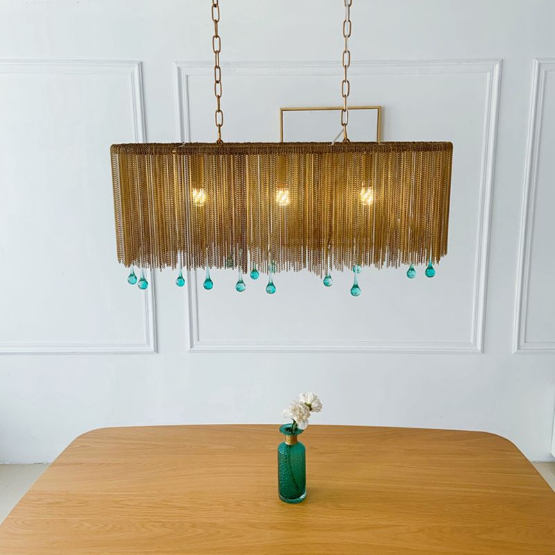 Aluminum Tassel Chandelier Postmodern Brass Finish Hanging Lamp with Blue Crystal Drops