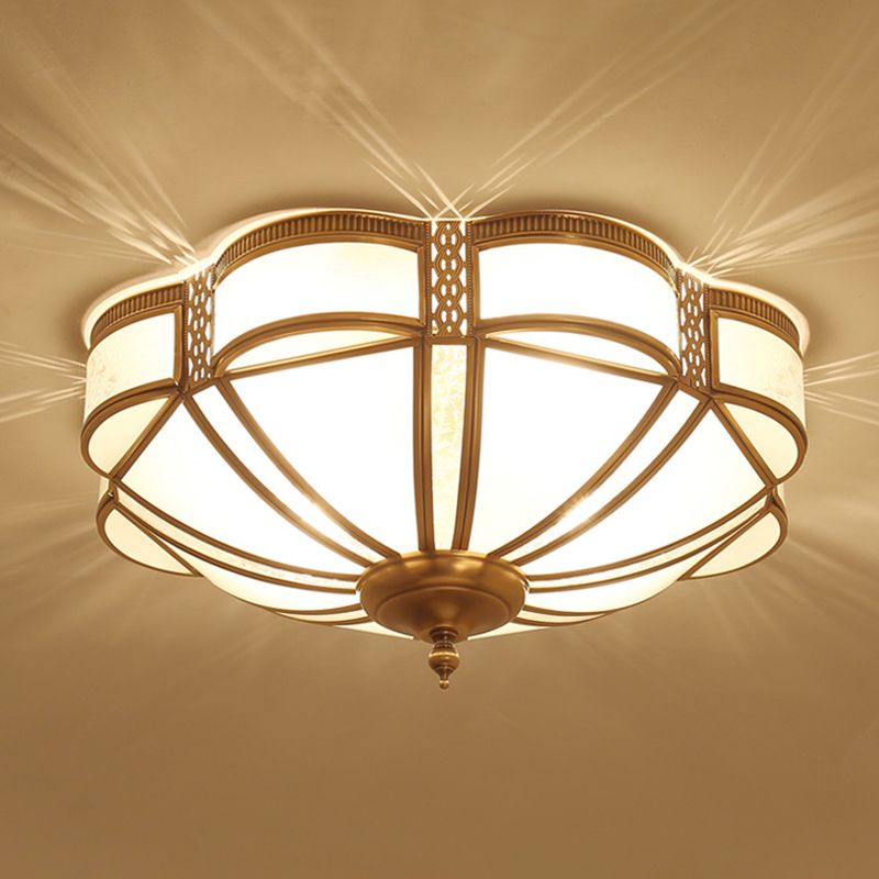 Style Colonial 1 Lumière Plafonnier En Cuivre Abat-Jour En Verre Blanc Plafonnier Chambre Salle À Manger