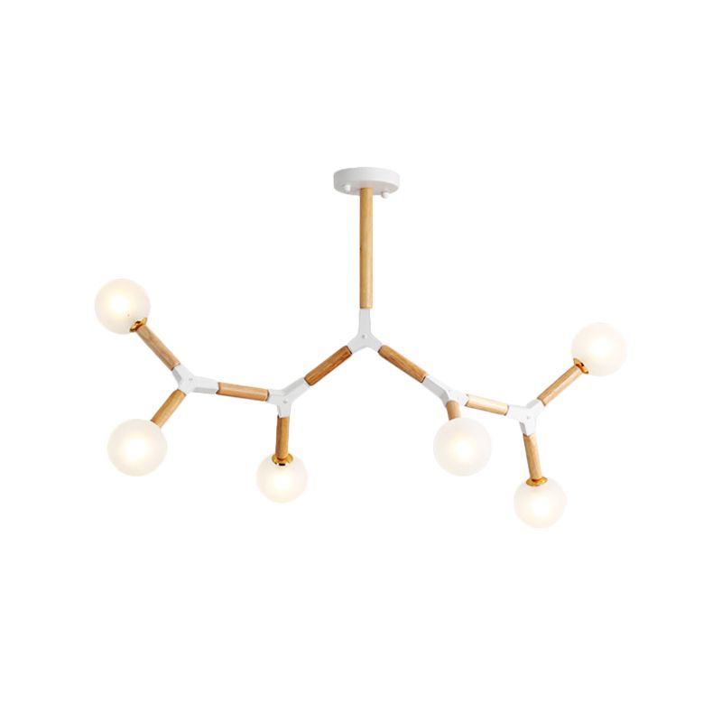 Accensione del lampadario di ramo semplice legno 6 luci kit lampada sospesa beige con sfera glassata in vetro