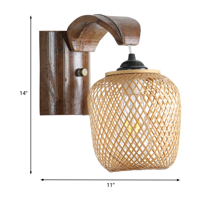 Japanese 1 Bulb Wall Lighting Brown Hand Twisted Sconce Light Fixture with Bamboo Shade