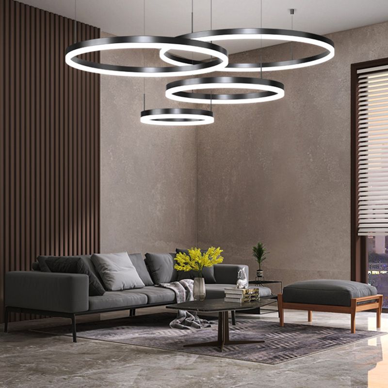 Metal Circle Pendant Chandelier Minimalist Black LED Pendant Light for Living Room