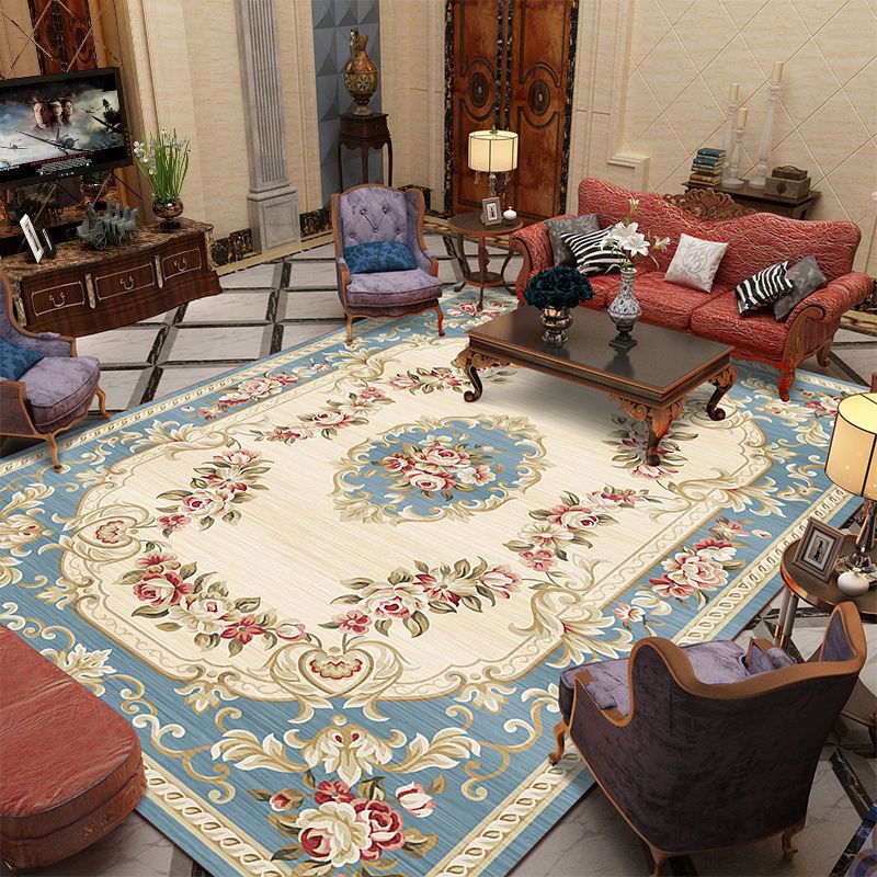 Navy Flower Rug Polyester Extravagant Rug Washable Rug for Living Room