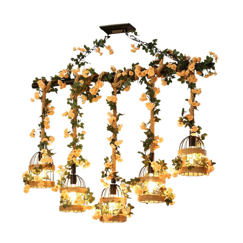 Birdcage Restaurant Island Lighting Industrial Hemp Rope 3/5-Light Black Ceiling Suspension Lamp
