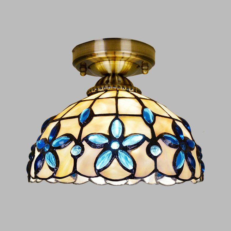 Dôme en laiton près du plafonnier Tiffany 5"/8"/12" de large, éclairage encastré à 1 tête avec bijoux floraux bleus