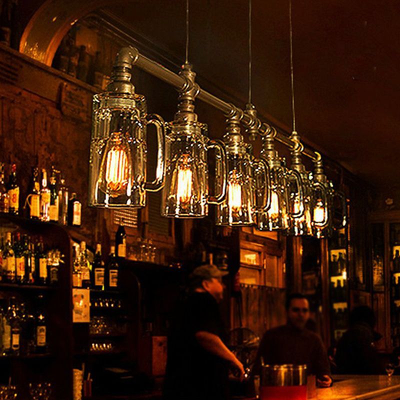 Beer Mug Bar Hanging Light Industrial Clear Glass 6 Bulbs Gold Island Lamp with Pipe Decor