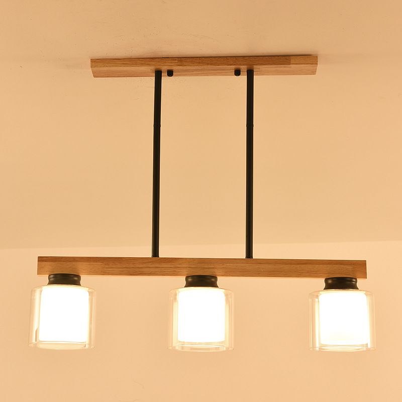 Nordic Modern Wood Island Pendant with Cylindrical Glass Lampshade Dining Table Hanging Lamp