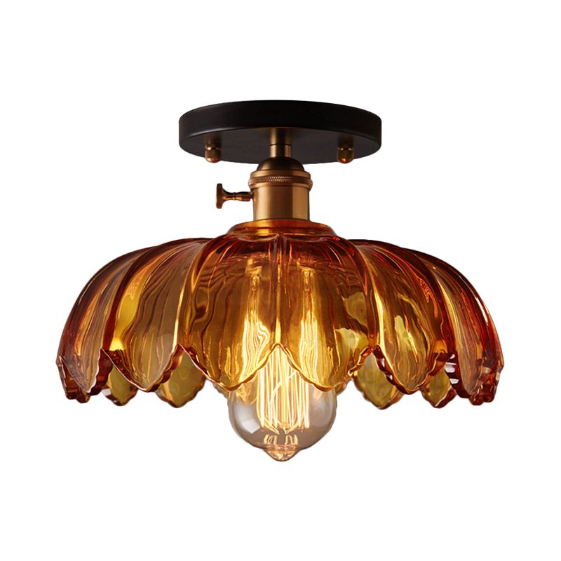 White/Amber One Light Ceiling Mount Industrial Prismatic Glass Scalloped Semi Flush Light
