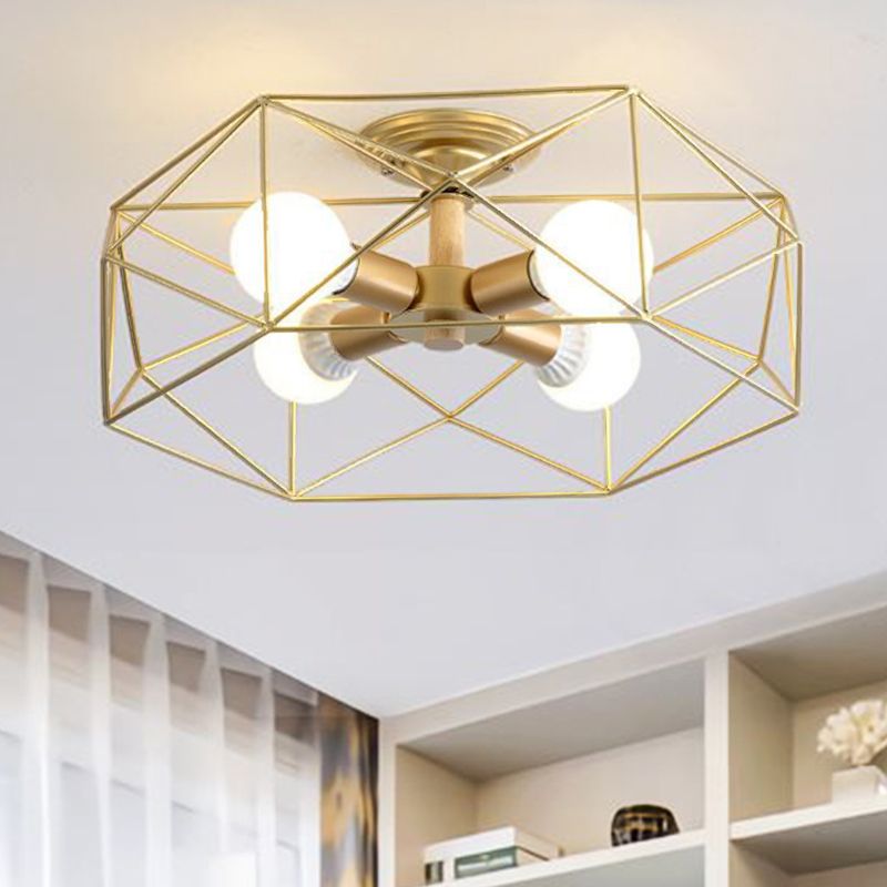 Geometric Opal Glass Semi Flush Industrial 3/4/5 Lights Bedroom Light Fixture in Gold